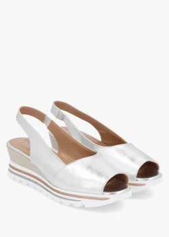 Canna Silver Leather Peep Toe Wedge Sandals