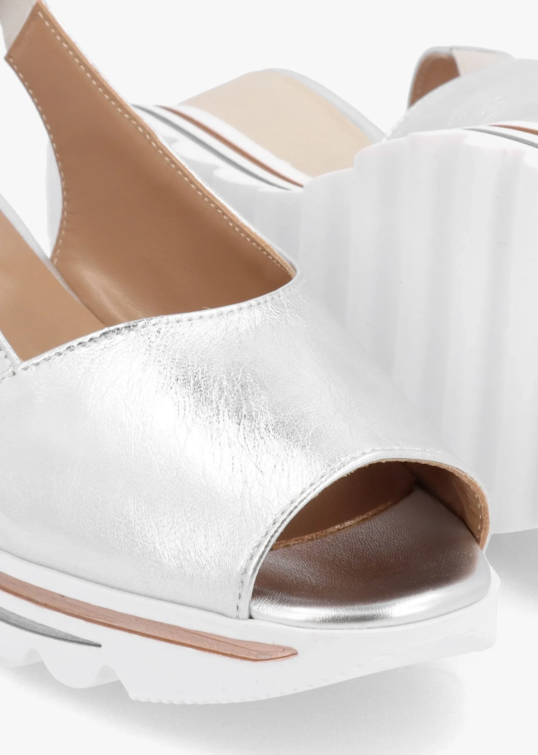 Canna Silver Leather Peep Toe Wedge Sandals