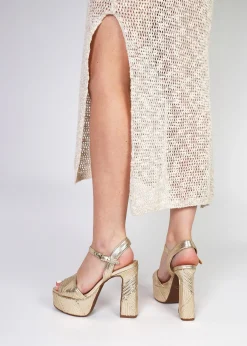 Capri Gold Leather Stitch Detail Platform Heeled Sandals