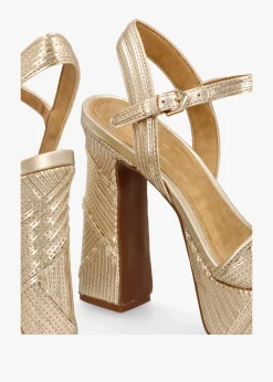 Capri Gold Leather Stitch Detail Platform Heeled Sandals