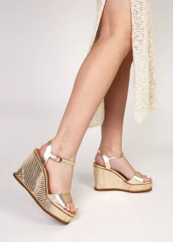 Chalk Gold Leather Stitch Detail Wedge Sandals