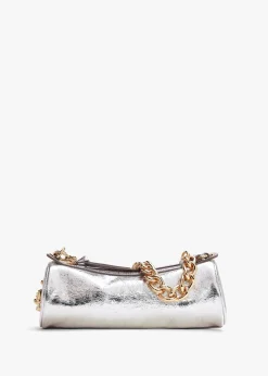 Cindy Cylinder Silver Metallic Crinkle Shoulder Bag