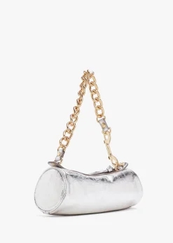 Cindy Cylinder Silver Metallic Crinkle Shoulder Bag