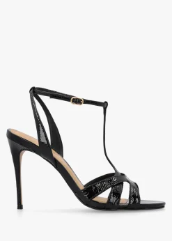 Civil Black Patent Leather T Bar Stiletto Heel Sandals
