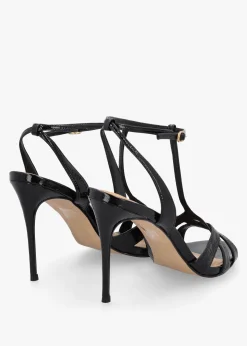 Civil Black Patent Leather T Bar Stiletto Heel Sandals