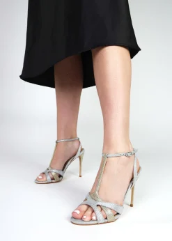 Civil Silver & Gold Metallic T Bar Stiletto Heel Sandals