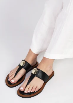 Costly Black Leather Toe Post Sandals