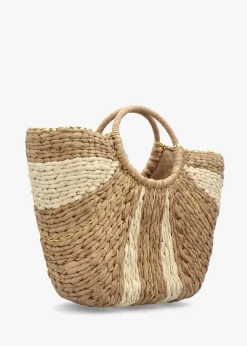 Cream & Beige Straw Woven Shopper Bag