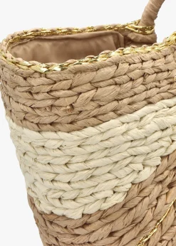 Cream & Beige Straw Woven Shopper Bag