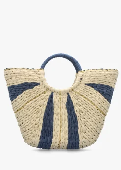 Cream & Blue Straw Woven Shopper Bag