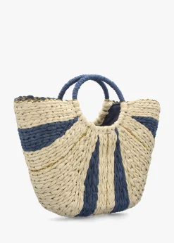 Cream & Blue Straw Woven Shopper Bag