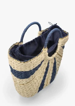 Cream & Blue Straw Woven Shopper Bag