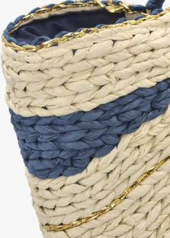 Cream & Blue Straw Woven Shopper Bag