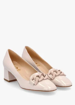 Cream Patent Leather Block Heel Court Shoes