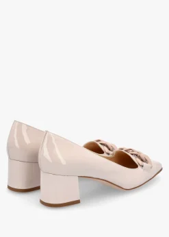 Cream Patent Leather Block Heel Court Shoes