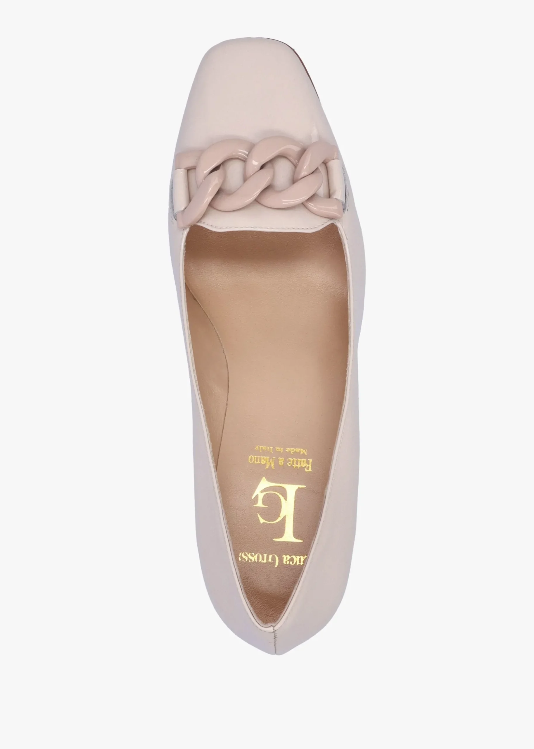Cream Patent Leather Block Heel Court Shoes