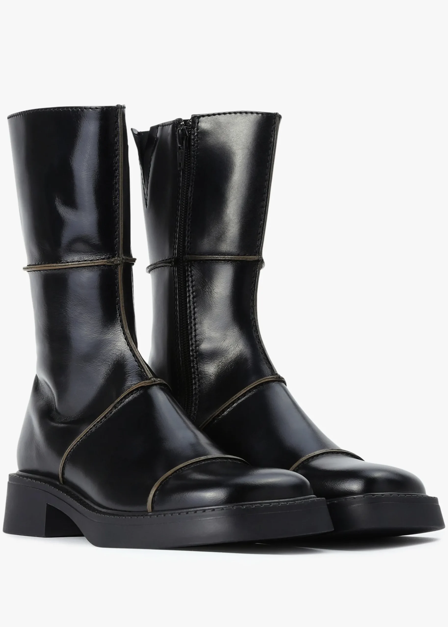 Dahlia Black Leather Square Toe Calf Boots