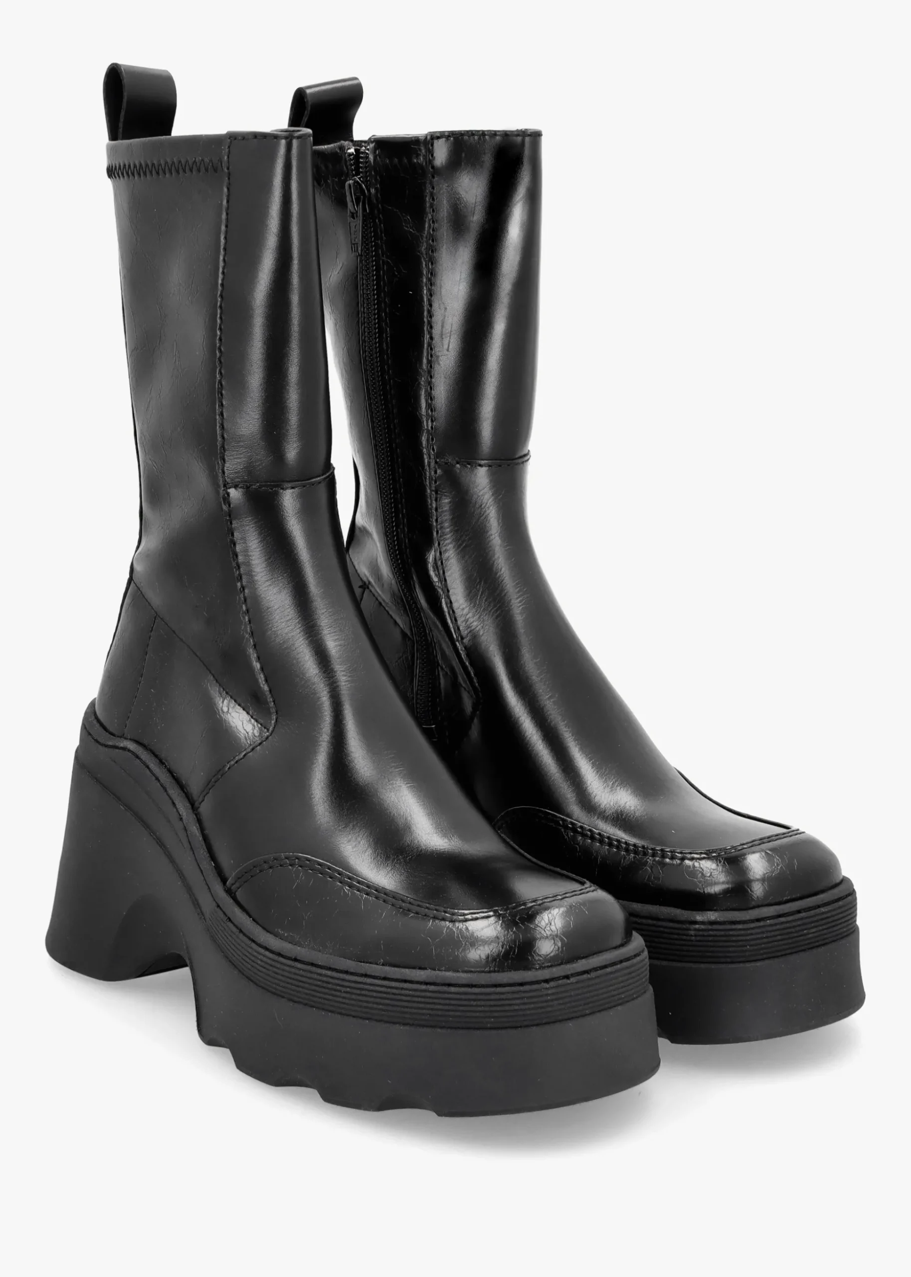 Deandra Black Leather Chunky Calf Boots