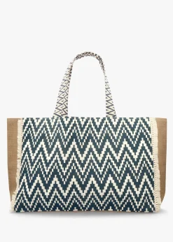 Ecru & Blue Jute Woven Shopper Bag