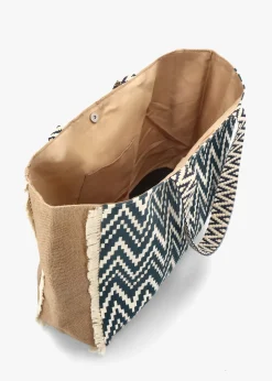 Ecru & Blue Jute Woven Shopper Bag