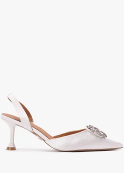 Elewed White Leather Embellished Sling Back Heeled Pumps