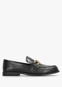 Elinkie Black Leather Metal Link Loafers