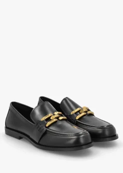 Elinkie Black Leather Metal Link Loafers