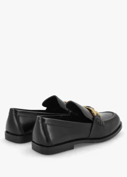 Elinkie Black Leather Metal Link Loafers