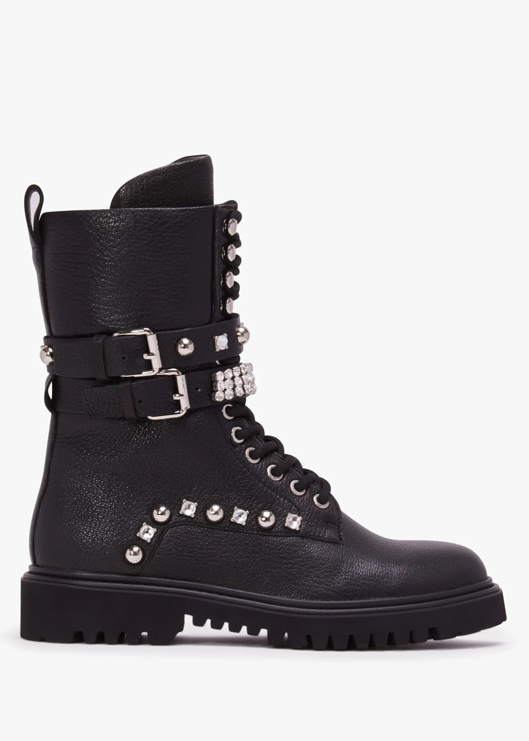 Ella Black Leather Embellished Tall Ankle Boots