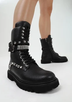 Ella Black Leather Embellished Tall Ankle Boots