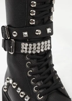 Ella Black Leather Embellished Tall Ankle Boots