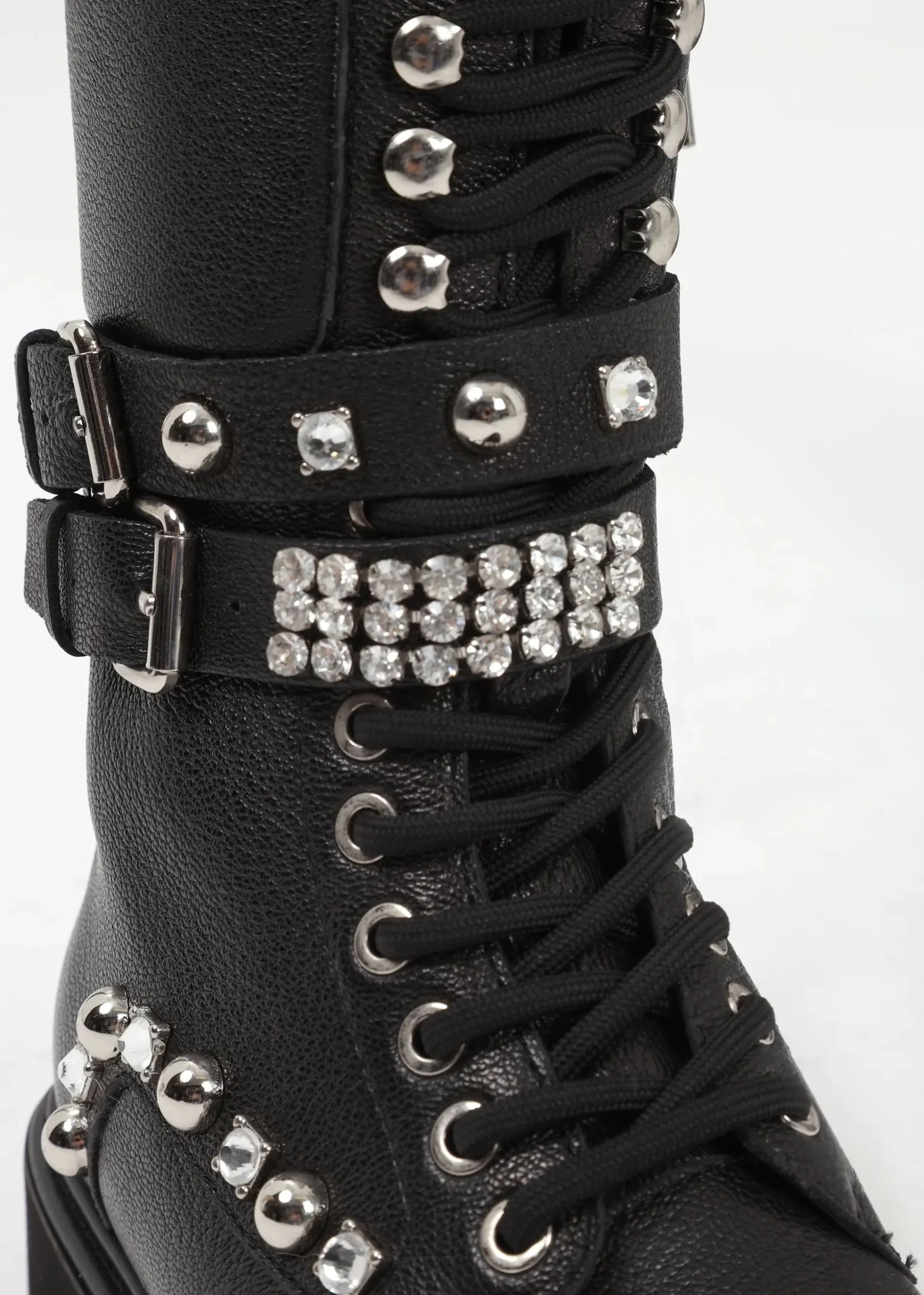 Ella Black Leather Embellished Tall Ankle Boots