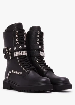 Ella Black Leather Embellished Tall Ankle Boots