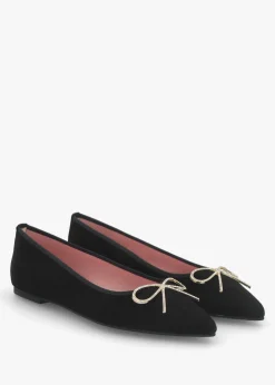 Ella Black Suede Diamante Bow Pointed Toe Ballet Pumps