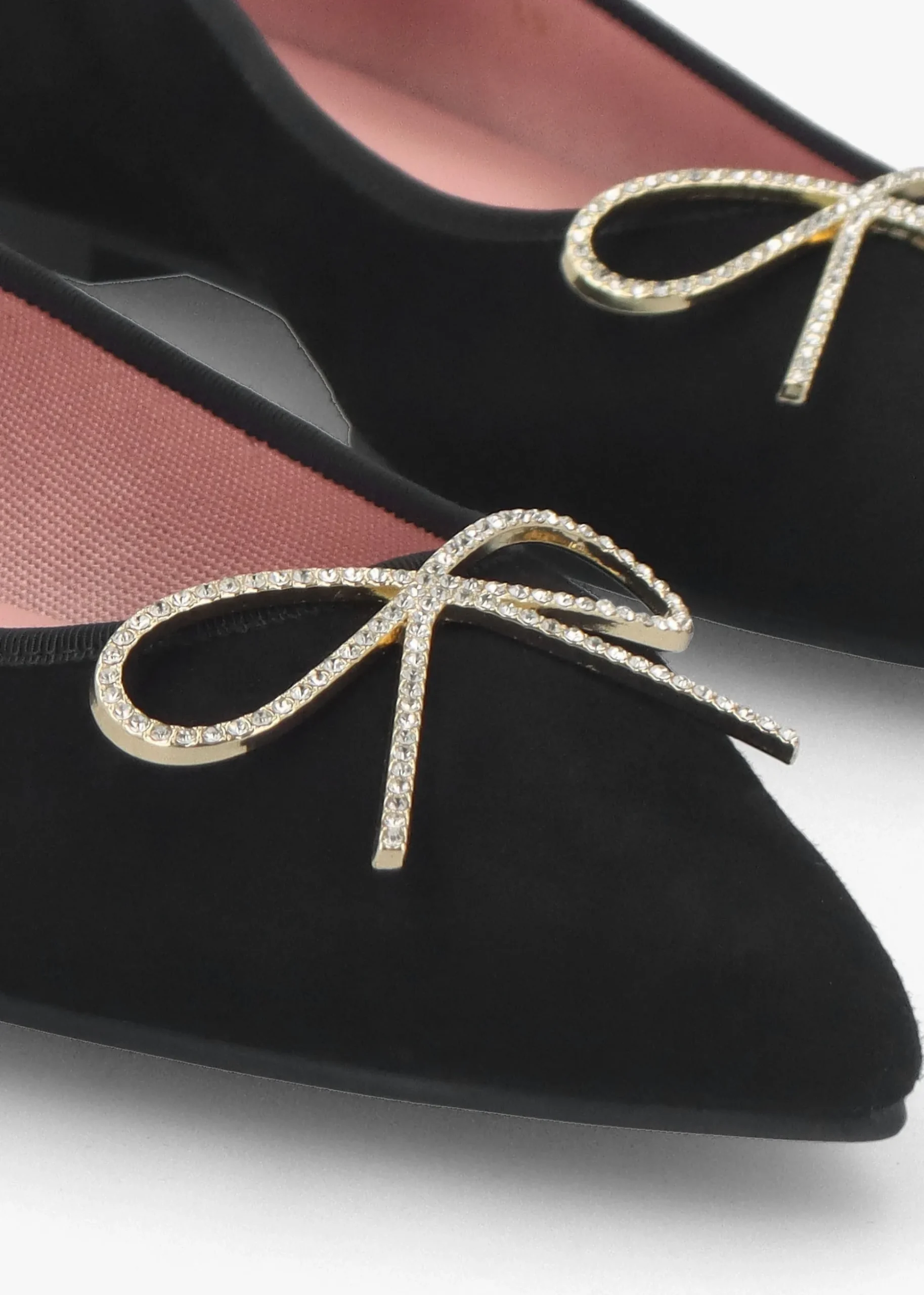 Ella Black Suede Diamante Bow Pointed Toe Ballet Pumps