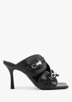 Ellen Black Leather Double Buckle Strappy Heeled Sandals