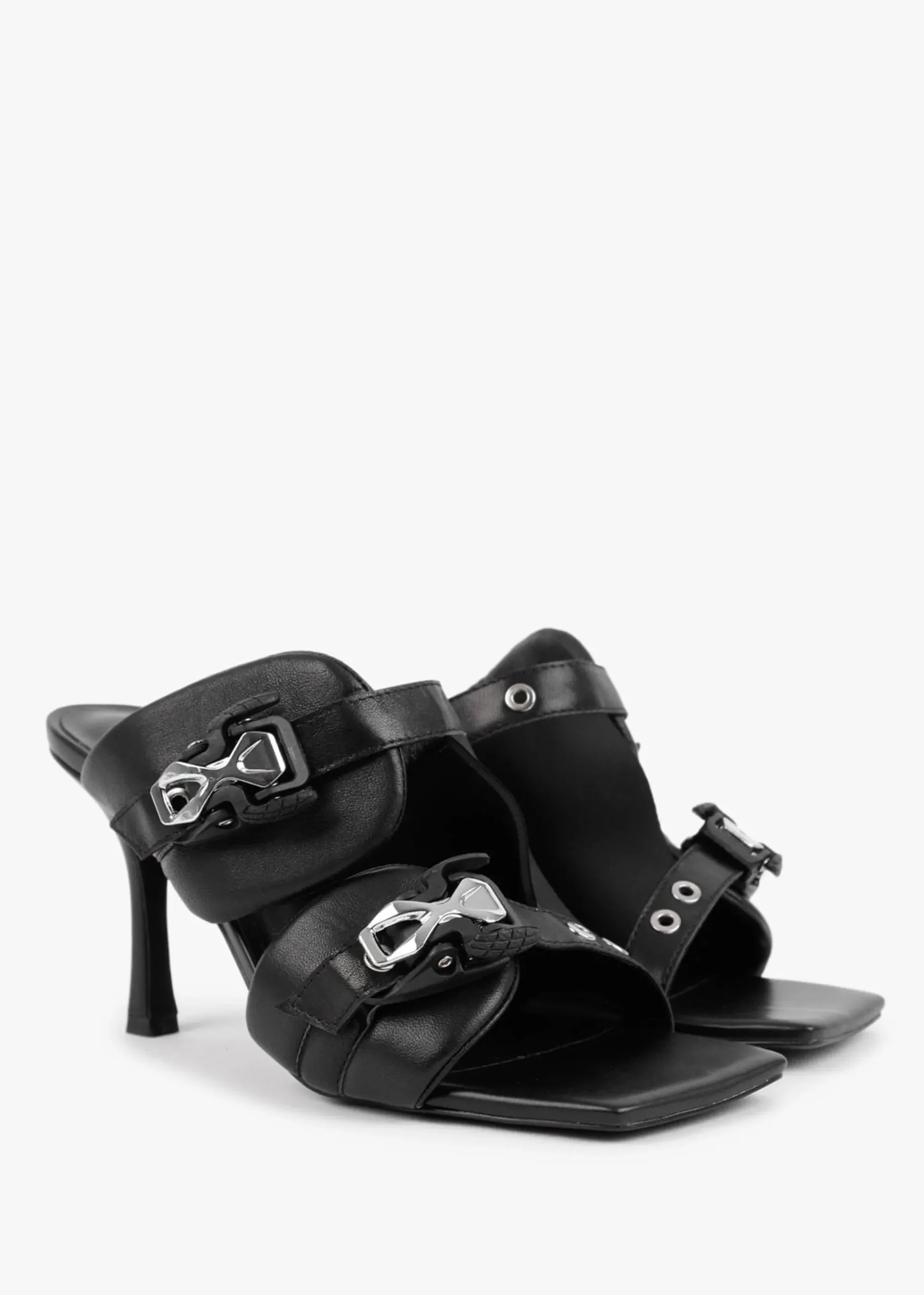 Ellen Black Leather Double Buckle Strappy Heeled Sandals