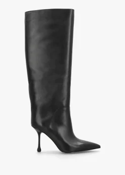 Elodie Black Leather Sculpted Heel Knee Boots