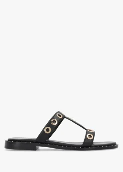 Elope Black Leather H Band Eyelet Mules