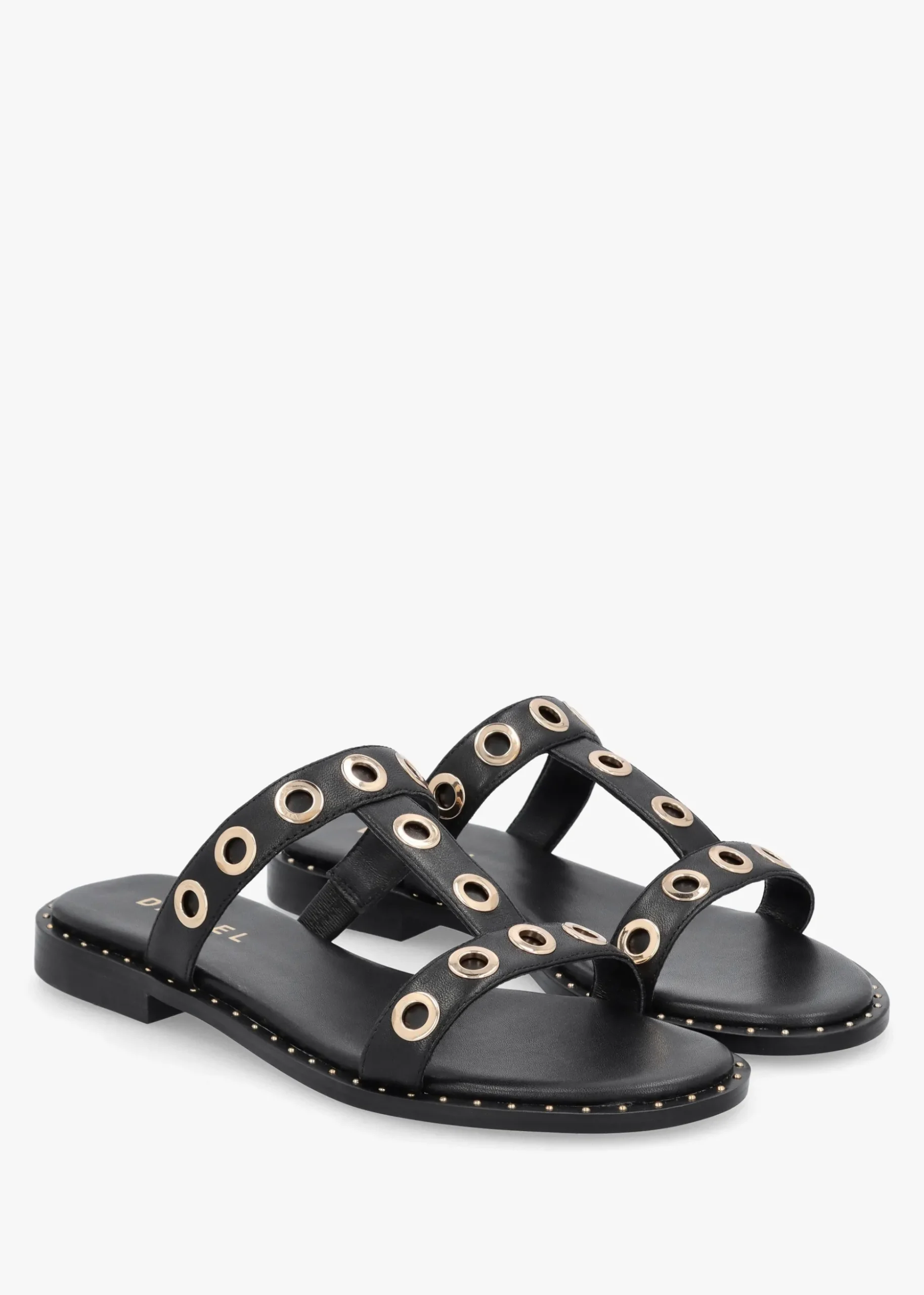 Elope Black Leather H Band Eyelet Mules