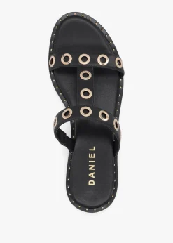 Elope Black Leather H Band Eyelet Mules