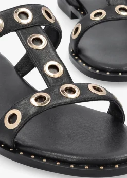 Elope Black Leather H Band Eyelet Mules