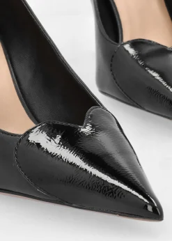Elove Black Leather Heart Toe Cap Court Shoes
