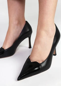 Elove Black Leather Heart Toe Cap Court Shoes