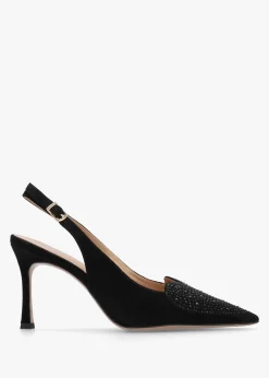 Elove Black Suede Crystal Heart Toe Cap Heeled Sling Backs