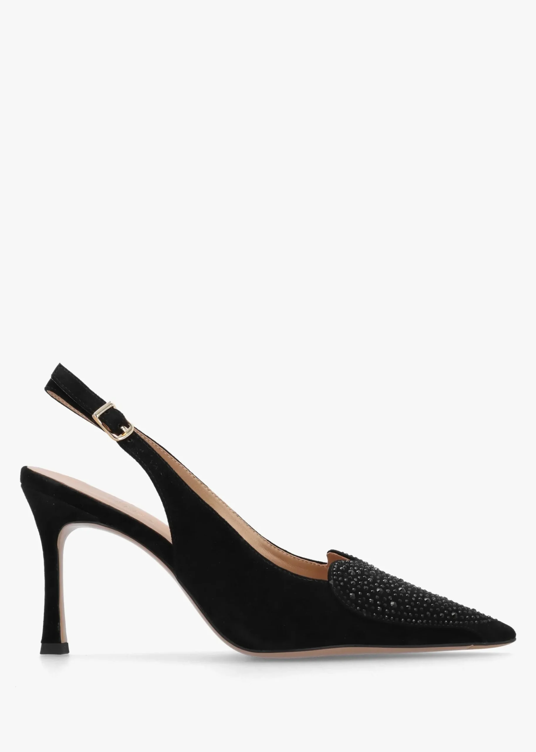 Elove Black Suede Crystal Heart Toe Cap Heeled Sling Backs