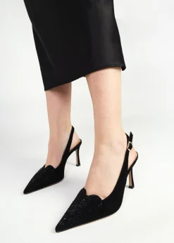 Elove Black Suede Crystal Heart Toe Cap Heeled Sling Backs