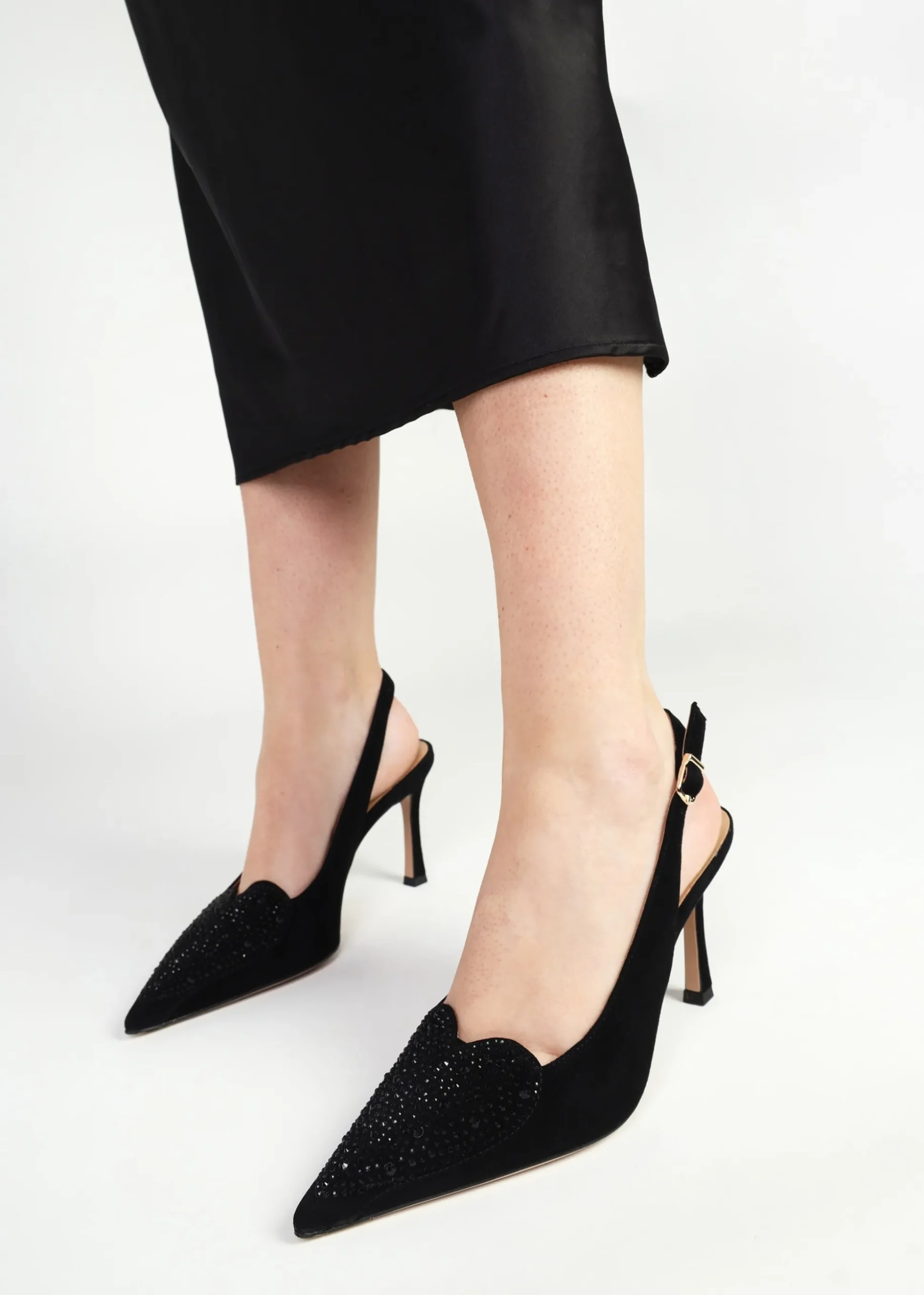 Elove Black Suede Crystal Heart Toe Cap Heeled Sling Backs