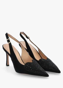 Elove Black Suede Crystal Heart Toe Cap Heeled Sling Backs