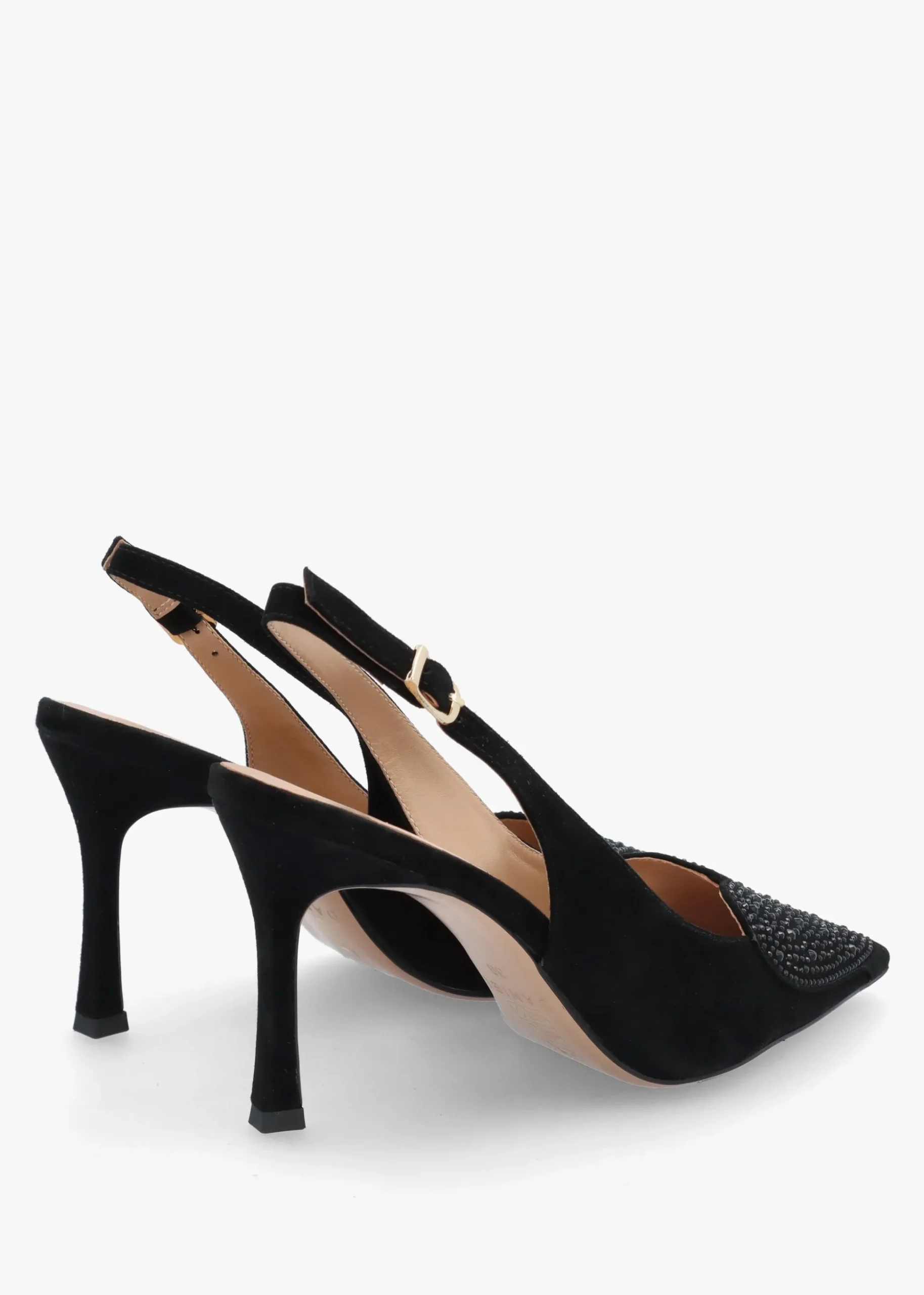 Elove Black Suede Crystal Heart Toe Cap Heeled Sling Backs